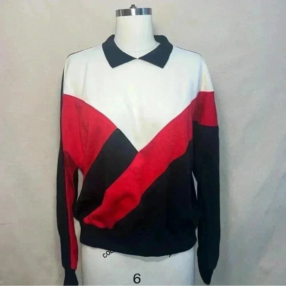Vintage | Alfred Dunner 80s Colorblocked Pullover - Black & Red & White / Sz L - Picture 2 of 9